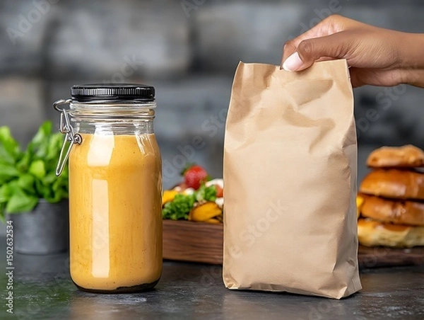 Fototapeta Hand Picking Up Paper Bag of Takeout Food with Salad Dressing in Jar