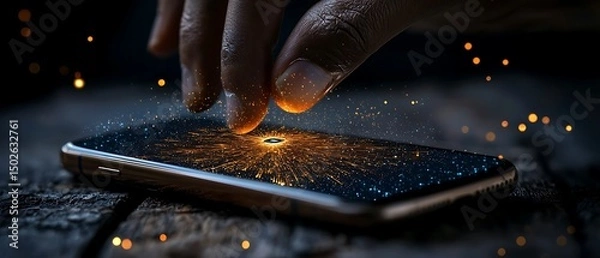 Fototapeta Hand Touching Glowing Smartphone Screen with Golden Sparks