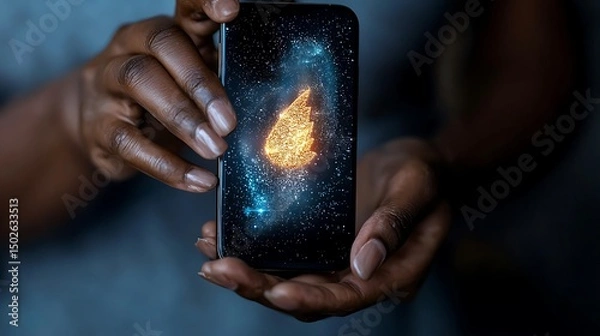 Fototapeta Hands Holding Smartphone Displaying Holographic App Login Interface