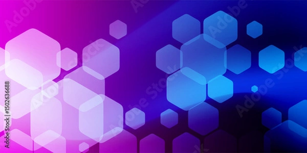 Fototapeta Wavy white transparent hexagon shapes on a purple and blue wavy, blurred background. The soft gradients and geometric design create a modern, abstract look, perfect for backgrounds and digital art.