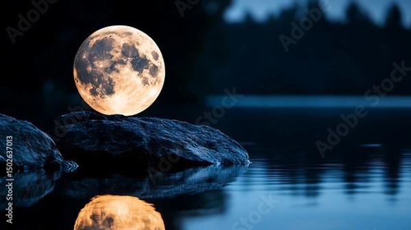 Fototapeta Moonlit Landscape with Soft Blue Tones and Orange Moon Reflection