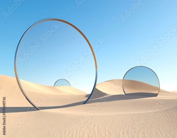 Obraz Desert Minimalism Circular Mirrors Reflecting Sky and Sand