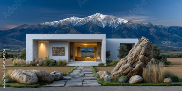 Obraz Modern Home in the Mountains: A stunning modern house nestles amidst majestic mountains, blending architectural design with natural elements, evoking a sense of serenity and contemporary living.