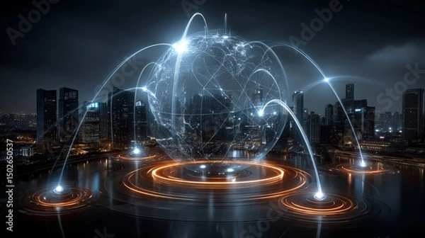 Fototapeta internet of things. Businessman touching the future of IoT network connection, data integration, and smart device management concept. Unlocking new opportunities and efficiencies.