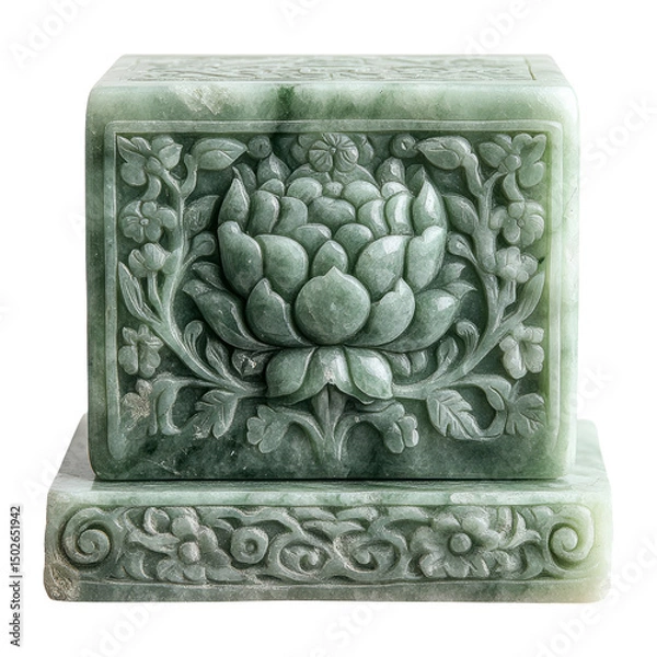 Fototapeta Intricate Green Stone Block with Floral Carvings on Transparent Background