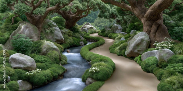 Obraz Serene Garden Path: A tranquil path meanders alongside a gentle stream, nestled amidst lush moss, rocks, and ancient trees in a serene Japanese garden.
