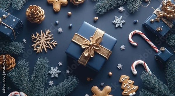 Fototapeta A navy blue gift box with a gold ribbon sits in the center of a festive arrangement of gold and white ornaments, candy canes, gingerbread cookies, and fir branches on a dark blue background