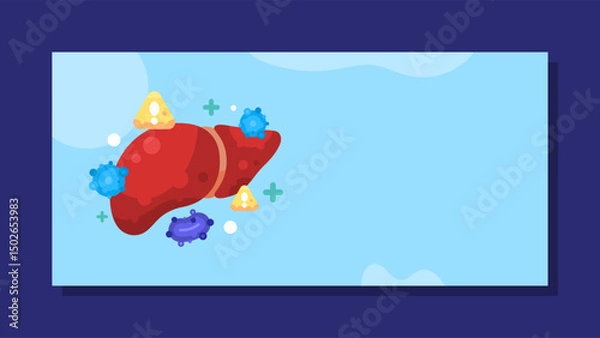 Fototapeta hepatitis banner concept. background with illustration of liver organ infected or attacked by virus. horizontal blue background. health problem, disease, awareness, warning