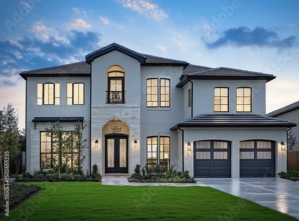 Fototapeta A two-story, white stucco home with a black roof, large windows, and a double garage