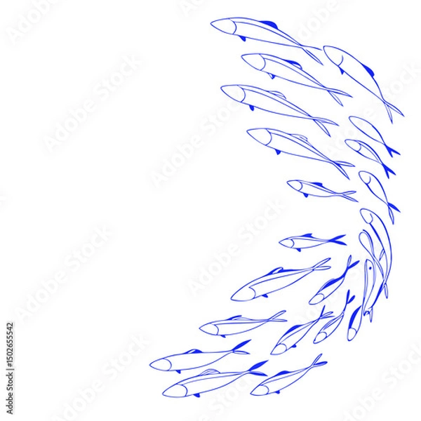 Obraz Minimalist line art of a school of sardines swimming together in perfect synchronized motion, ideal for modern, clean, and nature-inspired designs.