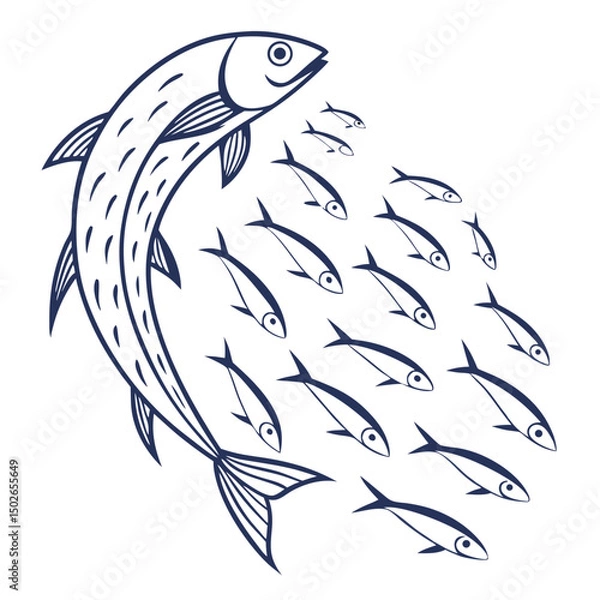 Obraz Minimalist line art of a school of sardines swimming together in perfect synchronized motion, ideal for modern, clean, and nature-inspired designs.