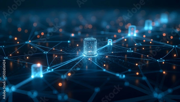 Fototapeta Digital Background Scalable tech nodes are connected in grid-aligned web paths that shrink in perspective