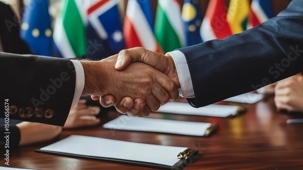 Fototapeta Close-up view of a handshake over a trade agreement.