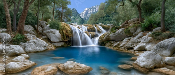 Obraz Cascade of Serenity: A breathtaking waterfall plunges into a tranquil pool, embraced by lush greenery and rocky terrain, creating a serene oasis where nature's symphony unfolds.
