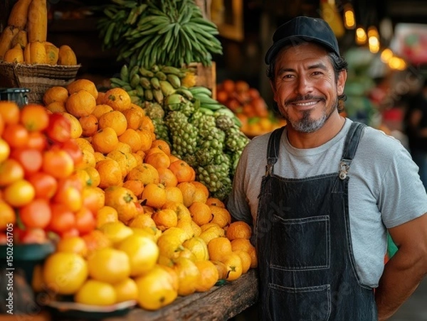 Fototapeta Smiling vendor at vibrant fruit market showcasing fresh produce with lively atmosphere