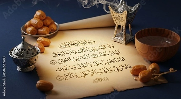 Fototapeta Quranic Verse with Dates, Incense, and Drink