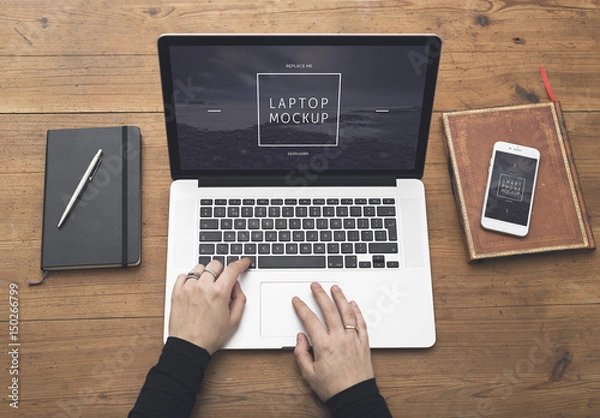 Fototapeta Top View Mockup of Laptop and Smartphone User at Desk 2