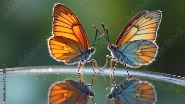 Obraz A mirrored moment of nature between two butterflies in harmony.