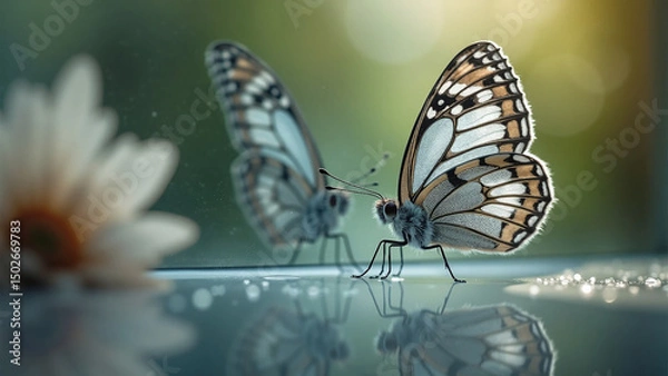 Obraz Close-up of a butterfly admiring its mirror image in tranquil morning light.