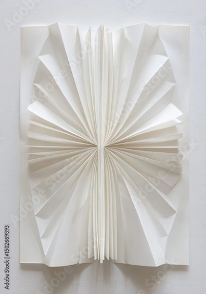 Fototapeta A white paper sculpture with symmetrical, fan-like folds radiating outward from a central point