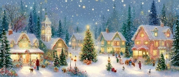 Fototapeta Festive Christmas village scene with a decorated tree and a church under soft daylight sky.