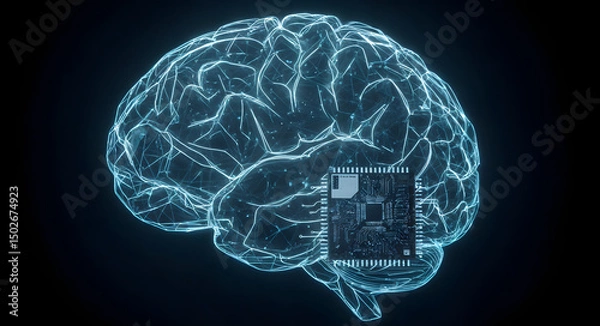 Obraz Digital brain with implanted microchip symbolizing brain-computer interface