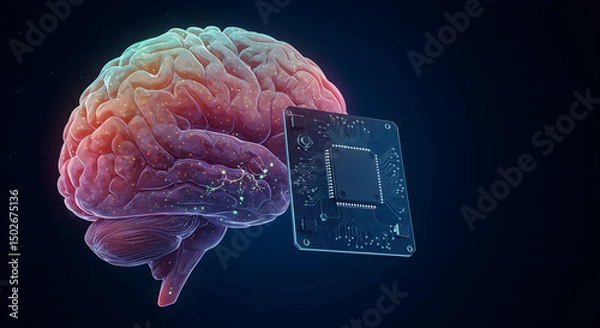 Obraz Colorful human brain with circuit board illustrating brain-computer interface