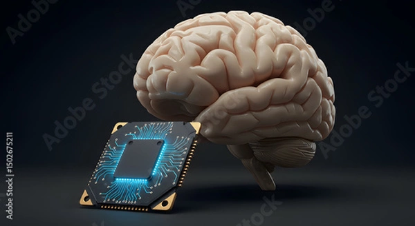 Obraz Human brain and glowing microchip symbolizing brain-computer interface