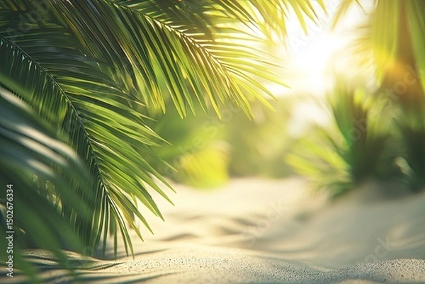 Obraz Palm leaves frame a sun-drenched sandy beach