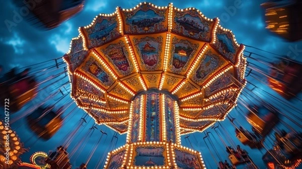 Fototapeta Illuminated Carousel in Motion: A Nighttime Fairytale