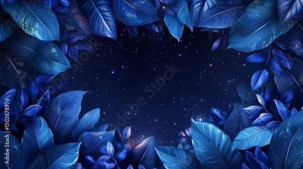 Obraz Midnight Bloom: Celestial Blue Foliage Under Starry Night