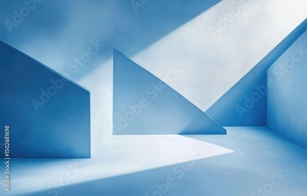 Obraz A minimalist blue interior with geometric shapes illuminated by natural light