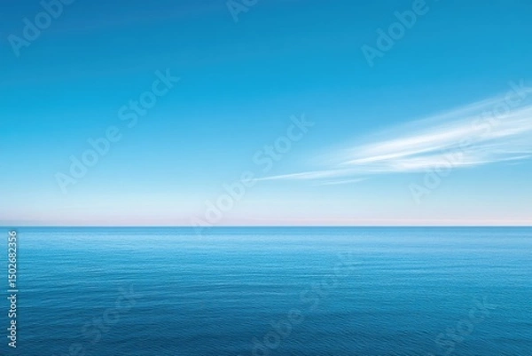 Fototapeta A vast expanse of calm blue ocean meets a clear, bright sky with a single wisp of white cloud