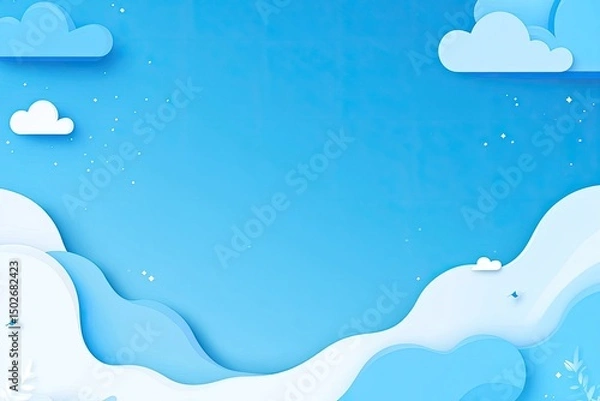 Obraz Papercut clouds and waves on a blue background