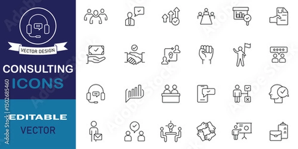 Fototapeta Consulting icon set. Collection of logistics, human resources, talent management, leadership development and organizational culture outline icon. Editable stroke, vector illustration.