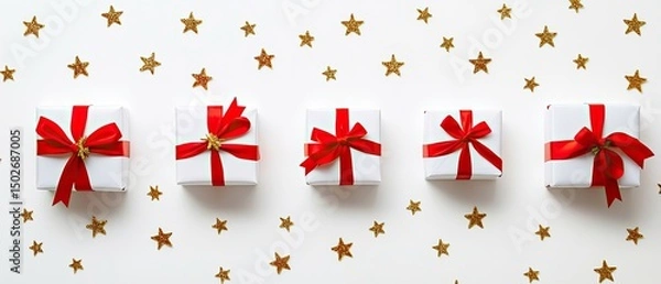 Fototapeta Five white gift boxes with red ribbon bows arranged in a row on a white surface with gold stars scattered around