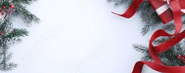 Fototapeta A white background with a fir branch with red berries on the left and a red ribbon wrapping a gift box on the right
