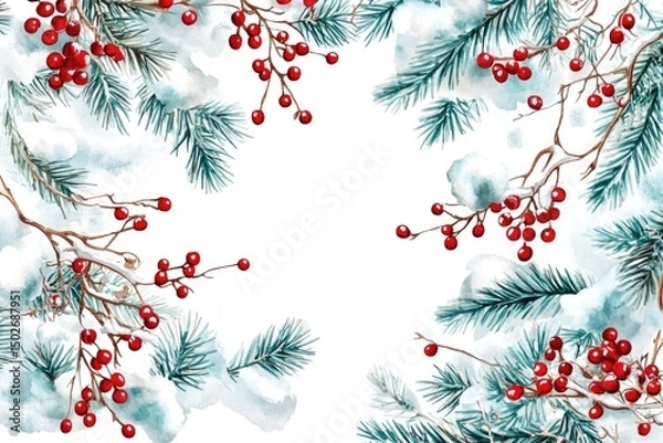 Fototapeta A watercolor illustration of snow-covered pine branches with red berries