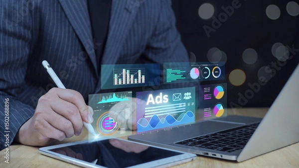 Fototapeta  Digital marketing concept.Ads dashboard screen digital.Digital marketing concept.Online advertising ,digital marketing and ad on internet to targeted customers.