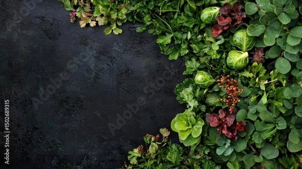 Fototapeta Flat lay of various types of plants and flowers arranged in a circular pattern on a dark, textured background.