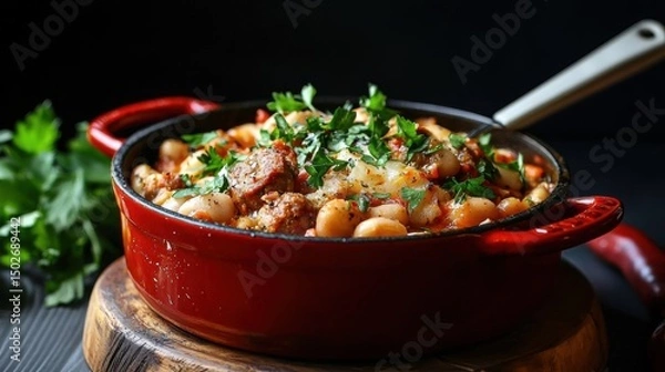 Obraz Red ceramic pot with a handle on a wooden cutting board. inside the pot, there is a dish of chickpeas, sausage, and herbs. the dish appears to be cooked and is garnished with fresh parsley.
