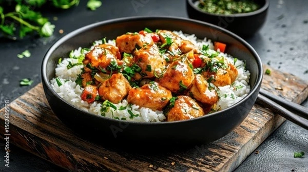 Obraz Black bowl filled with a dish of rice and chicken. the dish appears to be a type of asian-style stir-fry, with chunks of chicken covered in a red sauce and garnished with chopped herbs.
