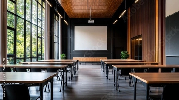 Obraz Large conference room with a high ceiling and large windows on both sides. the room has wooden flooring and black walls.
