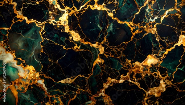 Fototapeta A close-up of a richly textured, dark marble surface with golden veining.