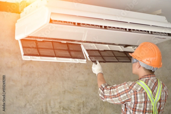 Fototapeta Smiling technician installing air conditioner indoors