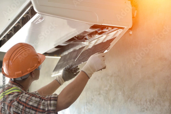 Fototapeta Smiling technician installing air conditioner indoors