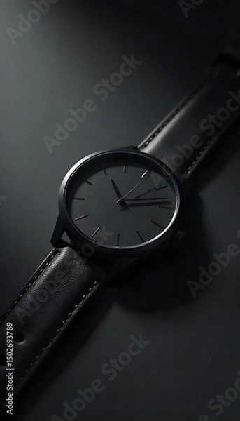Fototapeta Generative AI Minimalist Black Watch with Leather Strap on a Dark Surface