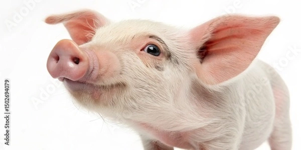 Fototapeta Cute pink piglet with a snout and ears in a rustic farm barn