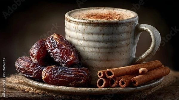 Fototapeta Almond milk with cinnamon sticks beside almonds and dates
