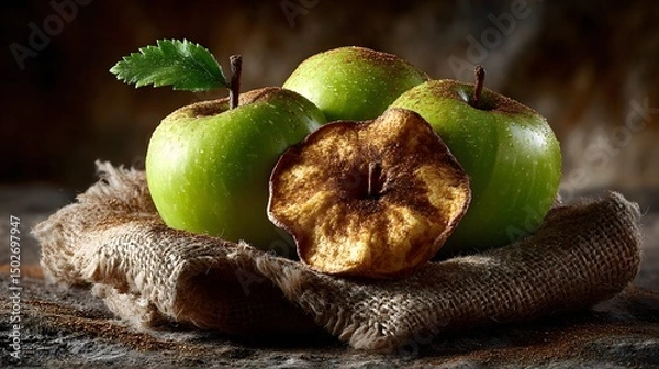 Fototapeta Apple chips with cinnamon dusting laid on parchment